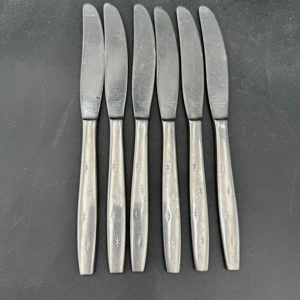 Set/6 Vtg Atomic Dinner Knives Serrated Solid Stainless Steel MCM
